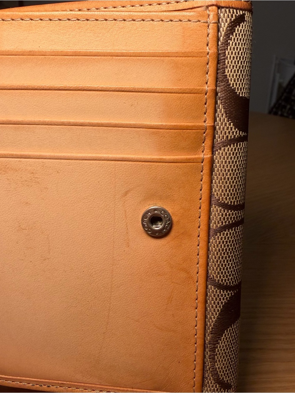 Coach Vachetta Leather Signature Canvas Trifold Wallet - Picture 7 of 16